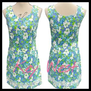 Key West Blue/Green/White Floral Cotton Sleeveless Embroidered Hem Dress (4)